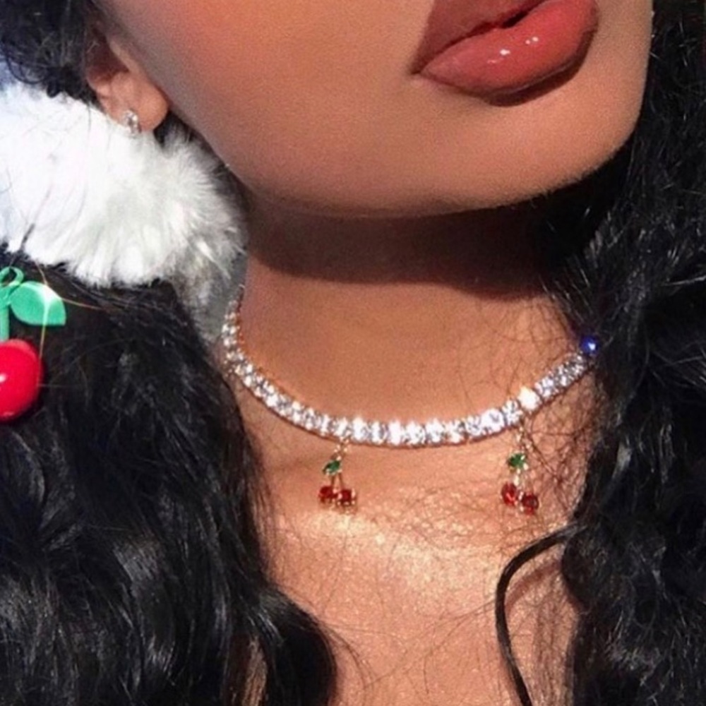 gold cherry tennis choker , cherry necklace